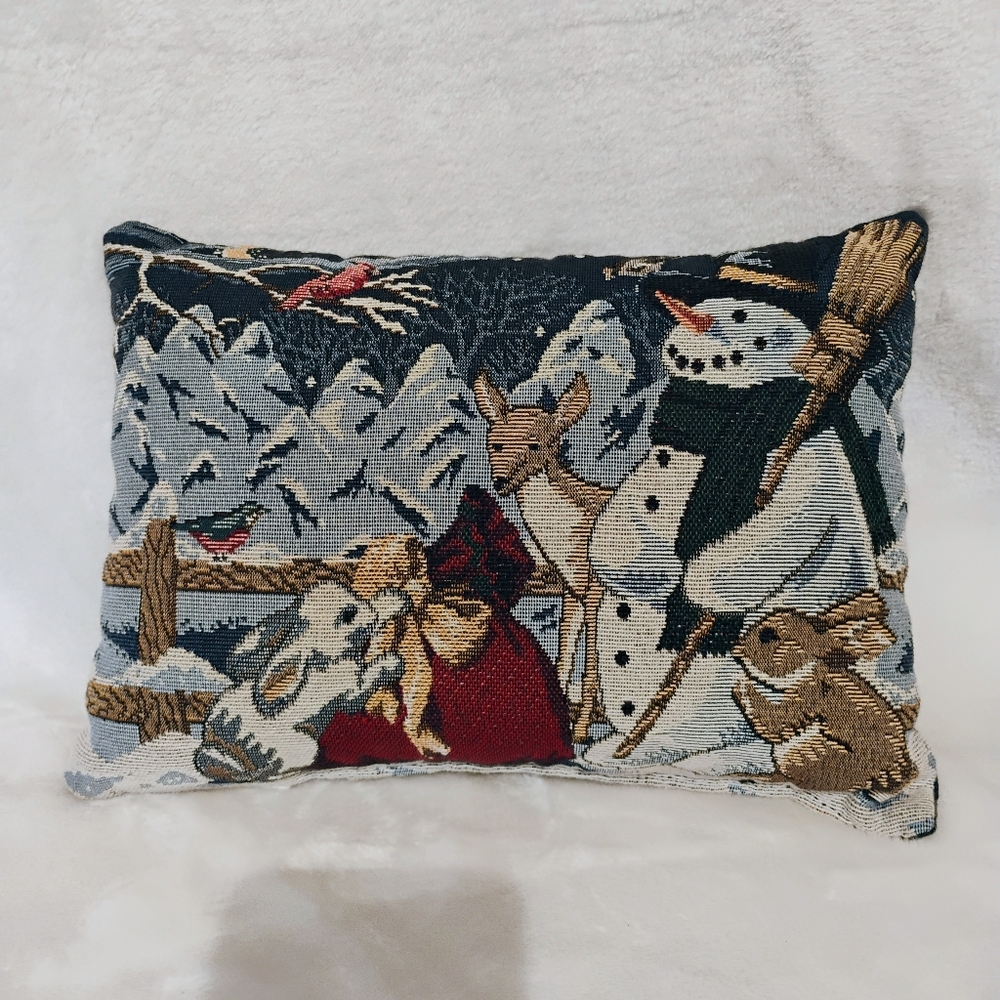 Winter Tapestry Throw Accent Pillow Snowman Deer Rabbit Christmas Holiday 12"x9"